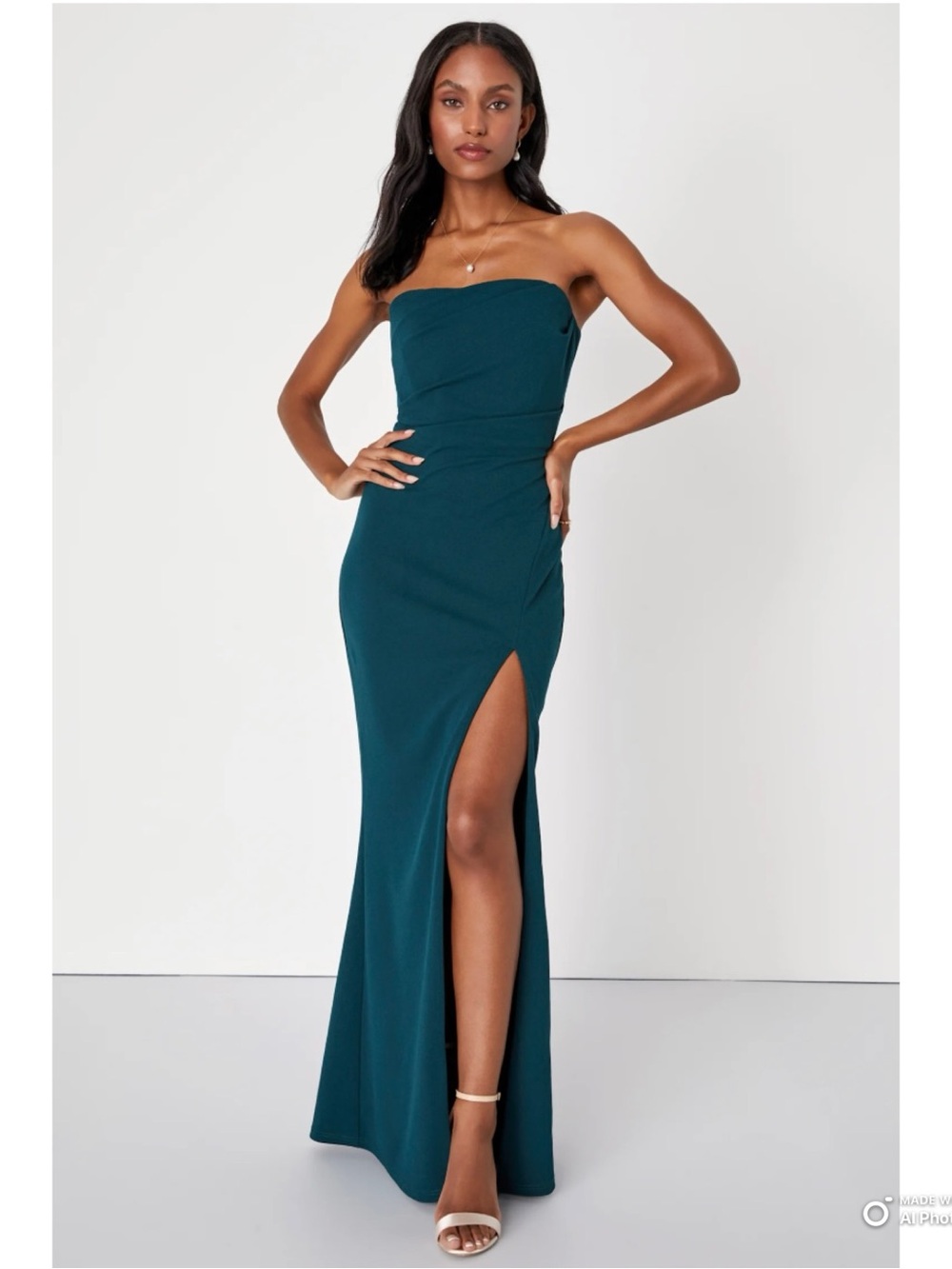Lulus Small Marvelous Entrance Emerald Green Pleated Strapless Maxi Dress NWT